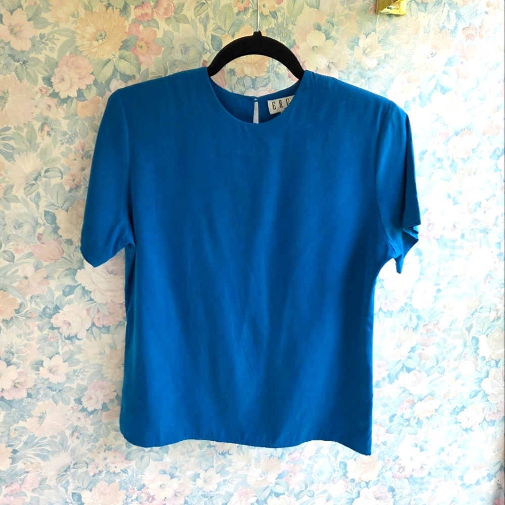 Vintage Erena Petites Small Blue Silky Shoulder Pad‎ Blouse Top Minimalist Chic